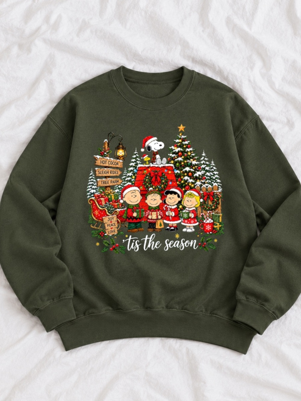 Forest Green Green 'Tis The Season Peanuts Holiday Crewneck Sweatshirt